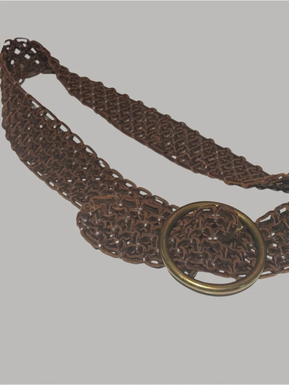 Vintage 90s Brown Braided Leather Belt with Brass Buckle L
